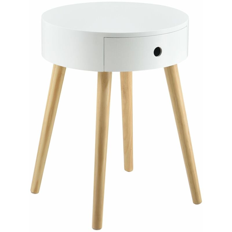 Petite table ronde avec tiroir commode table de nuit table de chevet meuble de rangement mdf Laqué et pin blanc 50 x 38 x 38 cm