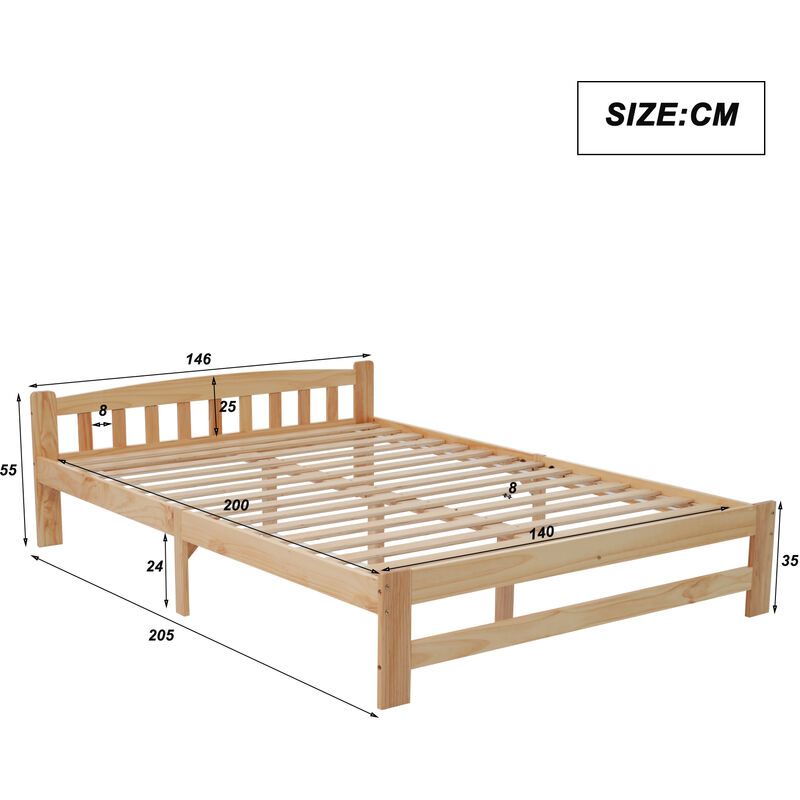 L&h-cfcahl - Solide lit en bois massif Lit futon, lit double, lit en bois massif naturel avec tête de lit et sommiers à lattes, lit pour jeunes, lit