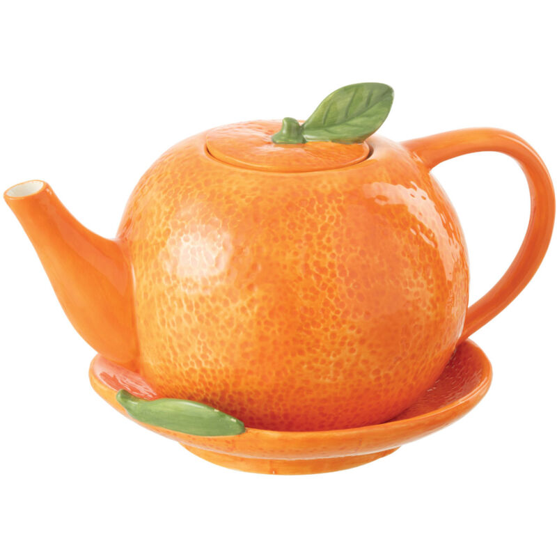 Petite théière en forme d'orange et son plateau
