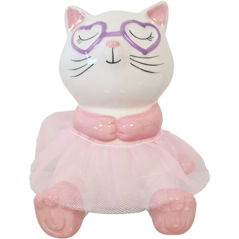 Petite tirelire chat en tutu rose en céramique 15 cm