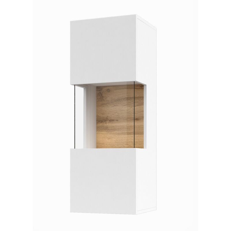 Petite vitrine suspendue 1 porte partiellement vitrée collection eva. Couleur blanc mat et chêne.
