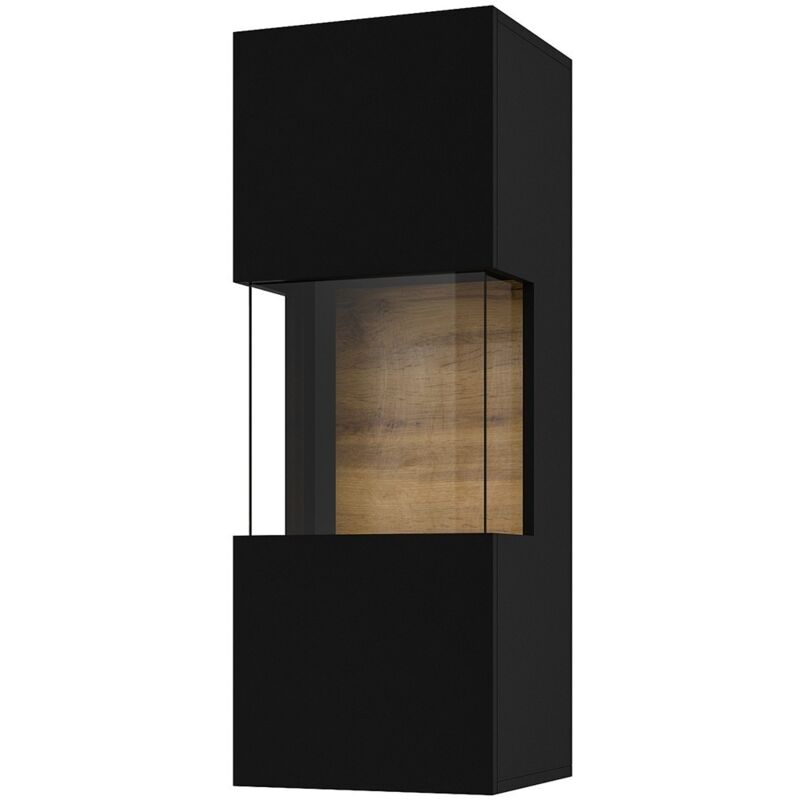 Meublorama - Petite vitrine suspendue 1 porte partiellement vitrée collection eva. Couleur noir et chêne.