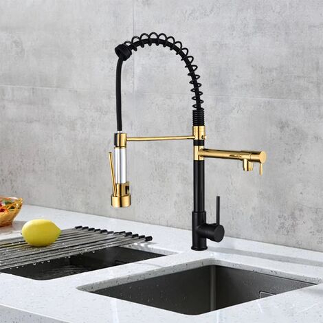 Petites Ecrevisses – Robinet de cuisine extractible noir or – Mitigeur monocommande 2 jets – Bec pivotant 360° – Laiton haute qualité – Noyau céramique anti-fuite
