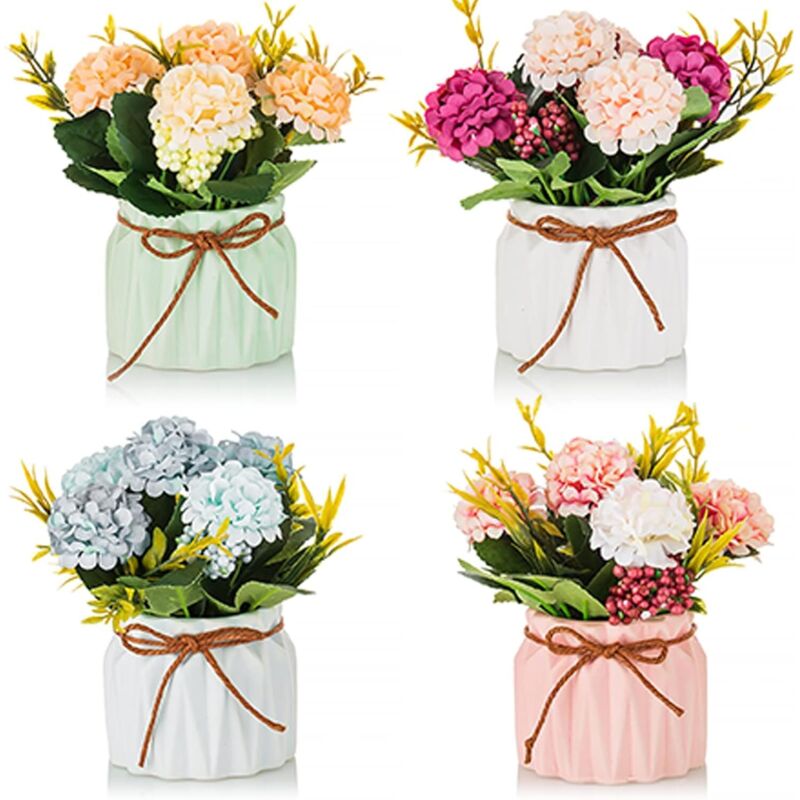 Petites Fleur Artificielle avec Vase 4 Pièces Fleurs Artificielles pour Table Salon Deco Fausse Flowers Hortensia Bouquet pour Décoration Chemin