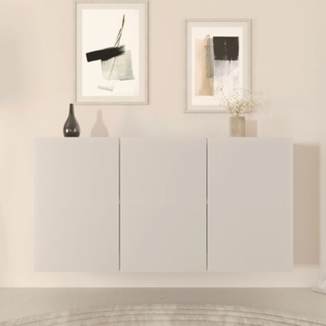 Petits-Meubles – Buffet suspendu 3 portes 160x36x60 cm blanc – Hêtre et panneaux de particules – Fixations murales incluses – Design minimaliste