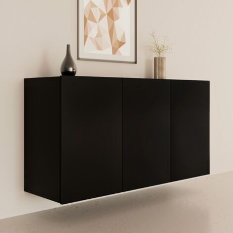 Petits-Meubles – Buffet suspendu 3 portes 160x36x60 cm noir – Hêtre et panneaux de particules – Design minimaliste moderne – Fixations murales incluses
