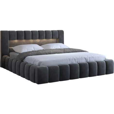 Petits-Meubles – Lit coffre 180x200 avec sommier à vérin gaz – Tissu velours hydrophobe gris foncé – Grand espace de rangement divisé