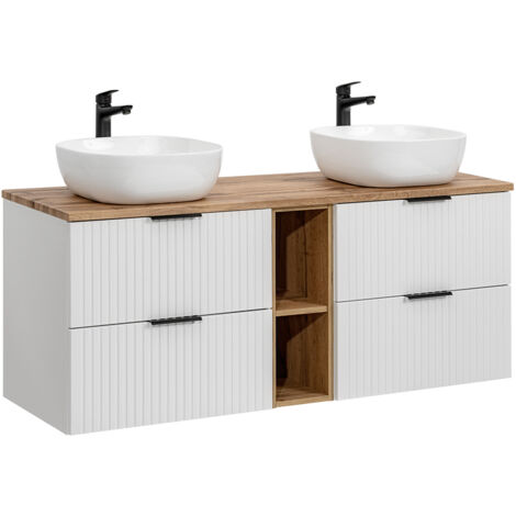 Petits-Meubles – Meuble sous vasque double 140cm – 2 niches de rangement – Panneaux mélaminés et MDF 16mm – Vasques en céramique blanche