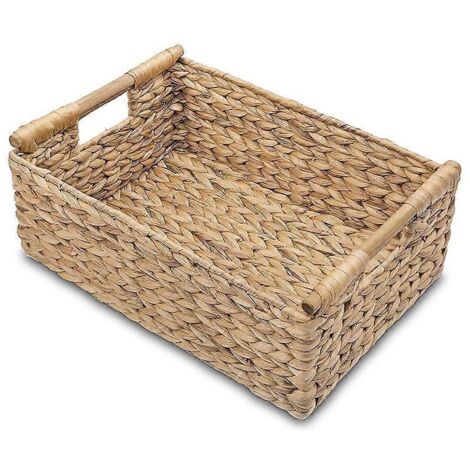 Petits paniers en osier pour organiser la salle de bain, avec poignée en bois.