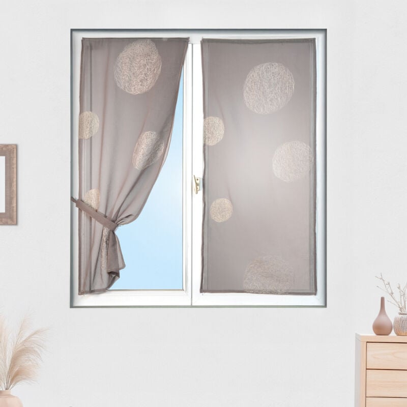 Petit Voilage Taupe Brodé 'Ronds Mêlés' 45x130 cm