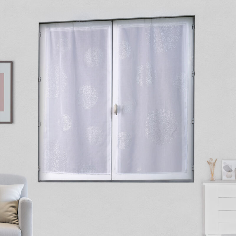 Paire de petits voilages en étamine motif argent Blanc 45x120cm