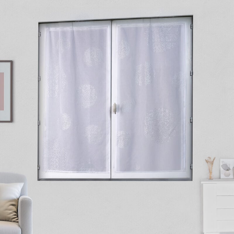 Paire de petits voilages en étamine motif argent Blanc 80x160 cm
