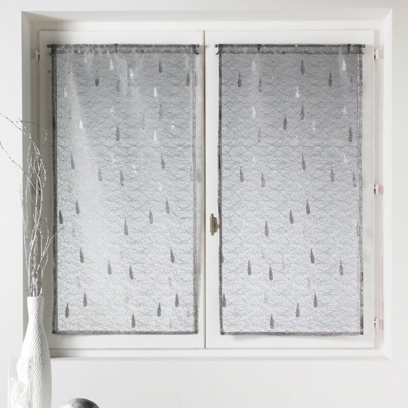 Paire de petits voilages Organza et Jacquard à motifs gouttes Gris clair 45x120cm