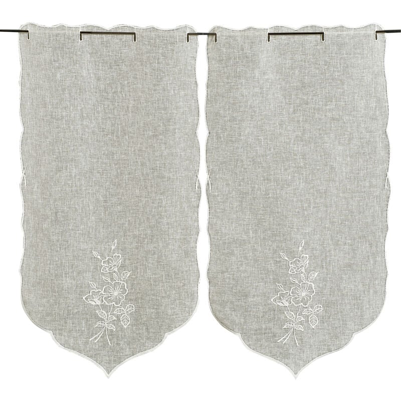 Paire de petits rideaux brodés 'Fleurs' Ecru 58x120 cm
