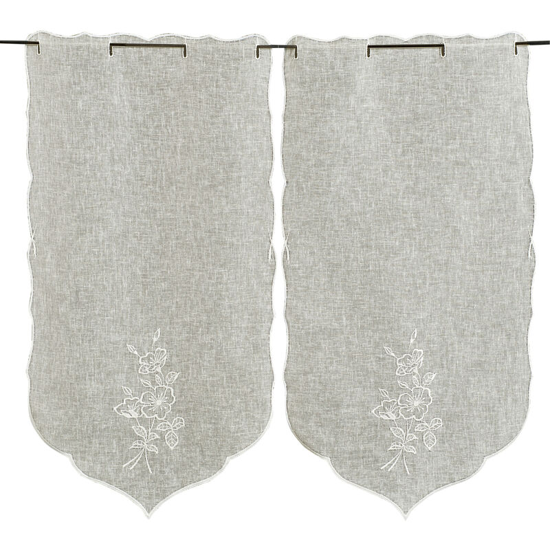 Paire de petits rideaux brodés 'Fleurs' Ecru 45x60 cm