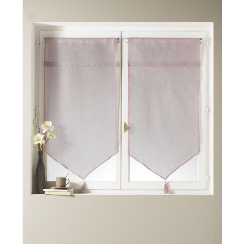 Paire de voilage à parement haut en macramé 'coeur' Vieux rose 45x120cm