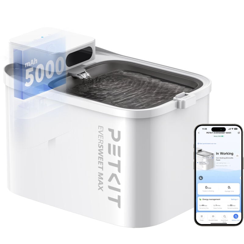 Eversweet Max Fontaine a Eau Chat sans Fil, 3L Fontaine a Eau Chat Chien Acier Inoxydablee, 26dB Ultra Silencieux, Contrôlé par l'APP, 83 Jours