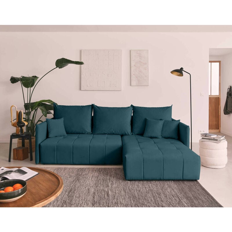 Bestmobilier - Petra - canapé d'angle réversible - convertible avec coffre - 4 places - en velours - bleu canard