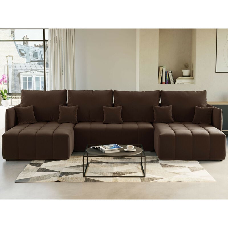 Bestmobilier - Petra - canapé panoramique en u - 7 places - convertible - avec coffre - en velours - taupe