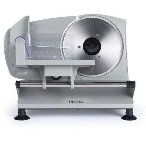 Petra PT4636VDE Affettatrice Elettrica – Macchina per tagliare alimenti, carne, formaggio, pane, spessezza da 1 a 15 mm, 3 x 170mm lame acciaio Inox, Antiscivolo, Dispositivo di Sicurezza proteggi