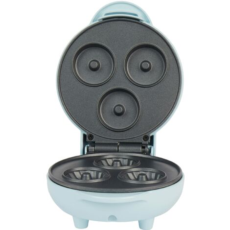 Petra PT4693BLNVDE - Macchina per mini ciambelle, elettrica e antiaderente, piastra da 12,5 cm, preriscaldamento circa 2 minuti, facile pulizia, 3 ciambelle per volta, compatta, 550 W, blu pastello
