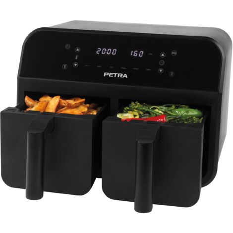 Petra PT4750BLKVDE - Friggitrice ad aria da 7,4 l, doppio cestello rimovibile, funzioni di cottura Sync e Match, 2 vassoi XL per cottura indipendente, display LED digitale, 6 programmi, 2400 W.