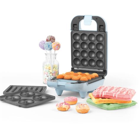 Petra PT4943BLNVDEEU7 - Macchina per dolcetti compatta 3 in 1, ciambelle deliziose, cake pop e waffle, macchina per waffle e dolcetti, piastre rimovibili facili da pulire, 650 W, blu pastello