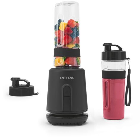 Petra PT6133MBLKVDE Frullatore personale – Frullatore elettrico compatto, 2 bottiglie (600 ml), coperchi a tenuta stagna, lama in acciaio inossidabile, funzionamento one-touch, antiscivolo, 350 W