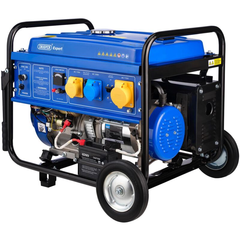 Draper 6.5 KVA (6.0 kW) Portable Petrol Generator with 15HP Engine, 25L Fuel Tank, and Wheels