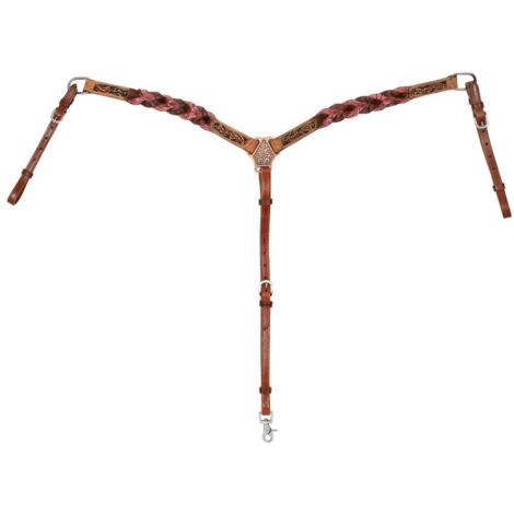 Pettorale western in cuoio con decorazioni intrecciate in cuoio rosa