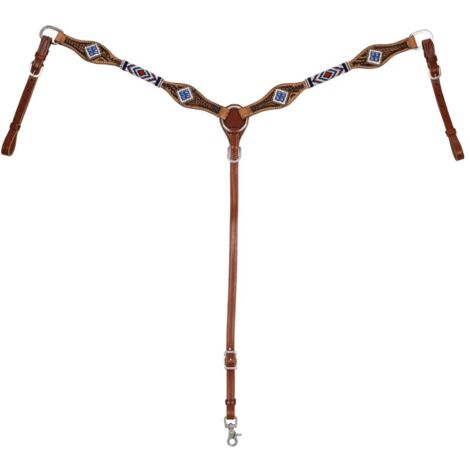 Pettorale western in cuoio decorato a rombi con perline blu