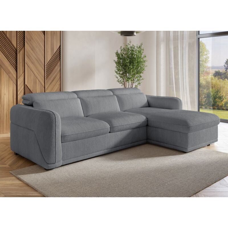 Deco In Paris - petunia - Canapé d'angle droit convertible avec coffre en velours côtelé épais gris petunia - Angle droit