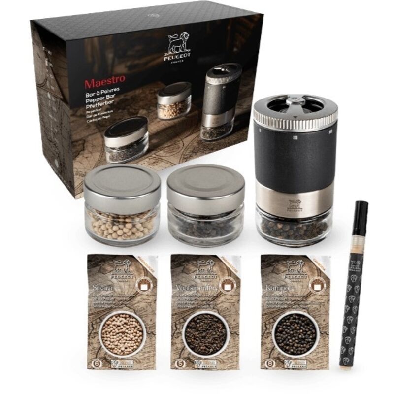 The Maestro pepper mill gift set is not only perfect for food enthusiasts looking to treat their taste buds to surprising new experiences but also ideal for discovering the exotic world of pepper. With a simple twist, the pepper mill can switch from one variety of this complex spice to another. Maestro