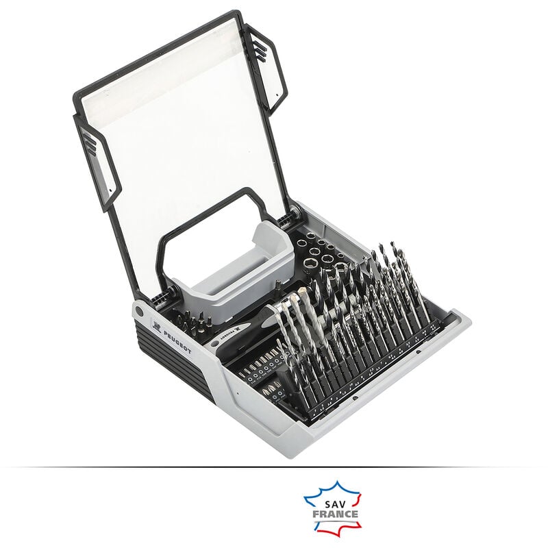 Mallette perçage vissage 108pcs forets bois, béton, métal, embouts de vissage, porte embout, douilles, fraise, tournevis à cliquet porte embouts.