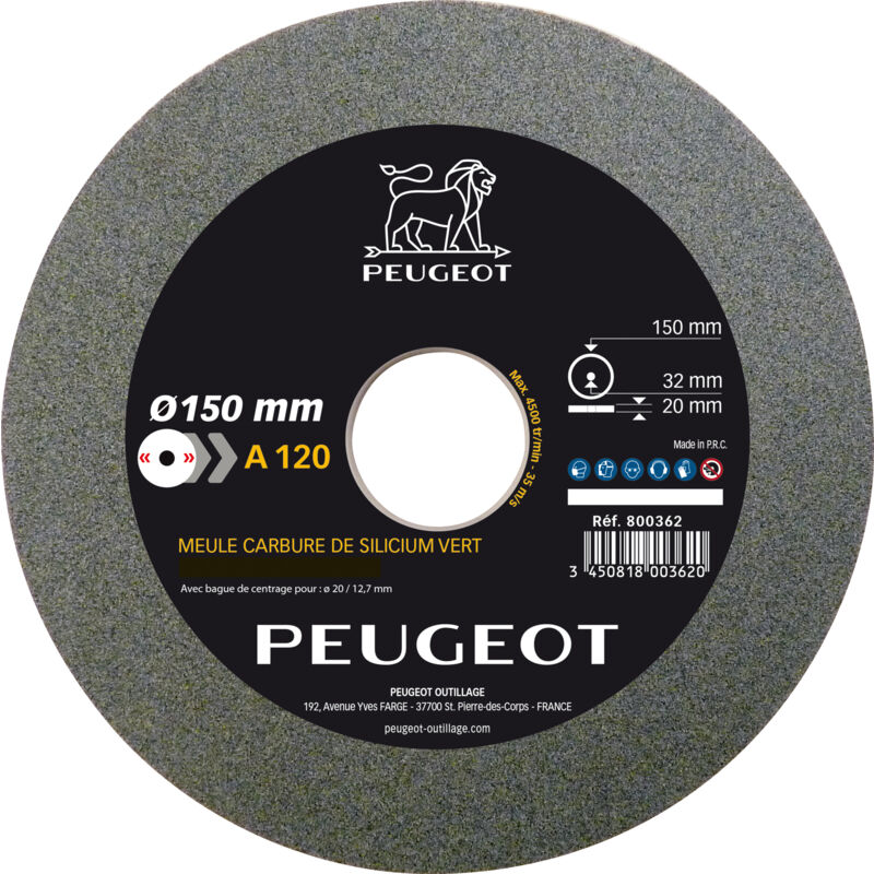 Peugeot Outillage - Meule Carbure de silicium 150x20x32 mm Grain 120 Usage Finition , Diamètre 150 mm, Epaisseur du fer 20 mm, Alésage 32 mm, Matière