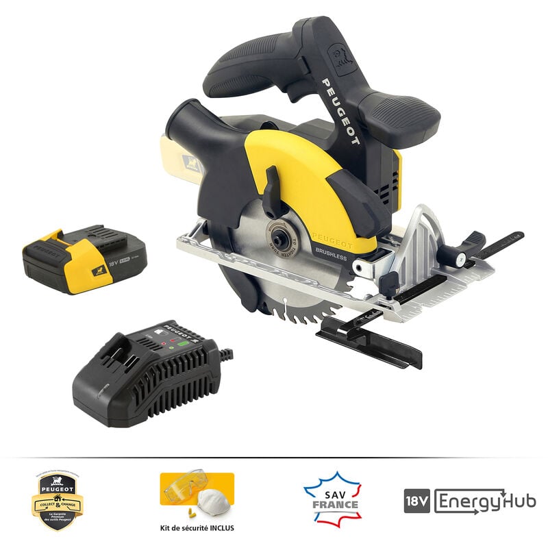 Peugeot Outillage - EnergySaw-C18VBL Scie circulaire ss fil brushless 18V + 1 batterie Li-Ion 2,0Ah et chargeur + 1 lame Ø165mm -Garantie 3 ans,
