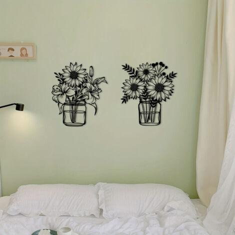 pezzi di decorazioni murali floreali in metallo nero, sculture murali floreali a forma di girasole, decorazioni per cortili, balconi, bagni e case.