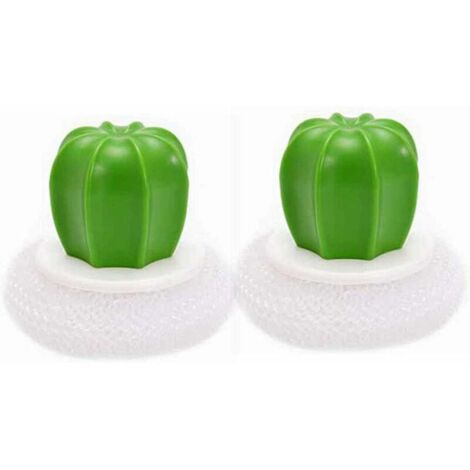 pezzi di spazzole da cucina creative a forma di cactus, spazzola per la pulizia in acciaio inossidabile con manico in plastica bianca e sfera di spugna in filo metallico per cactus
