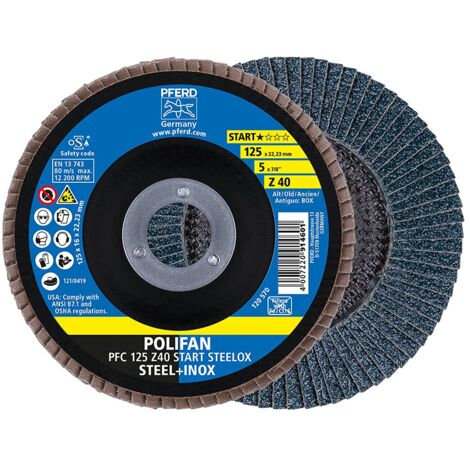 PFERD POLIFAN 69300934 - Disco a ventaglio, 10 pezzi, 125 x 22,23 mm, conico Z40, linea starter steelox  per acciaio, acciaio inossidabile (INOX)