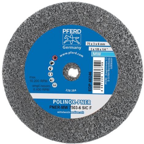 PFERD POLINOX verpresstes Vlies-Rad PNER Ø 75x3 mm Bohrung-Ø 6 mm Mittelweich SIC Fein für Finish