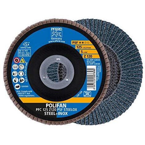 PFERD Polyfan, disco lamellare 5 pezzi, Ø 125 mm, Z 120, conico, PSF STEELOX  69398195 – per acciaio e acciaio inox (INOX)