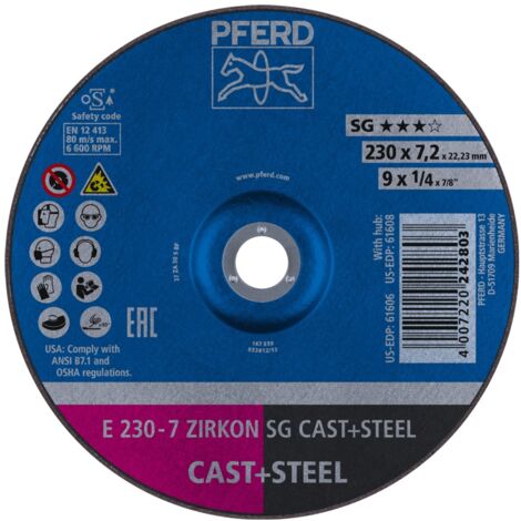 PFERD Schruppscheibe E 230x7,2x22,23 mm ZIRKON Leistungslinie SG CAST+STEEL für Guss/Stahl