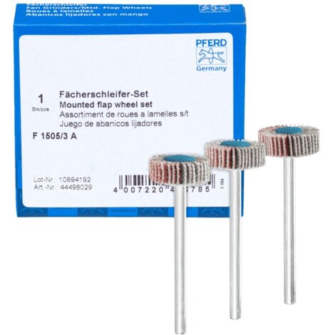 PFERD TOOLS Fächerschleifer-Set Korund Ø15x5mm Schaft-Ø3mm A 80,120 und 180 für Feinschliff& Finish