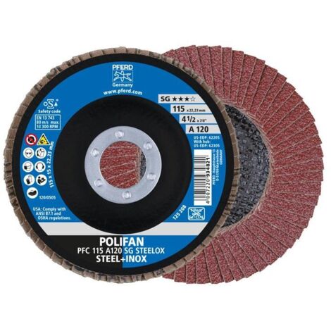 PFERD TOOLS POLIFAN Fächerscheibe PFC 115x22,23 mm konisch A120 SG STEELOX Stahl/Edelstahl