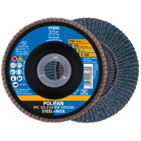PFERD TOOLS POLIFAN Fächerscheibe PFC 125x22,23 mm konisch Z120 Uni.-Linie PSF STEELOX Stahl/Edelstahl 5 Stk