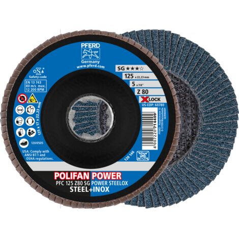 PFERD TOOLS POLIFAN POWER Fächerscheibe PFC 125 mm X-LOCK konisch Z80 SG STEELOX Stahl/Edelstahl 10 Stk