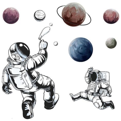 Pflanzenaufkleber auf Cartoon-Hintergrund, Weltraumplaneten-Wandaufkleber, Raketen-Astronauten-Wandtattoo, Wanddekoration für Kinderzimmer
