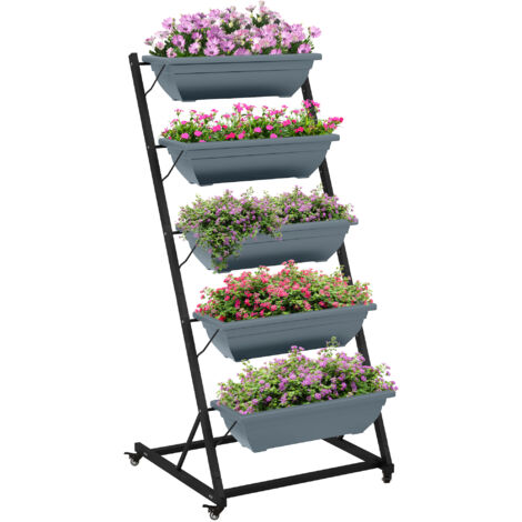 Pflanzentreppe Blumentreppe Pflanzenregal, stapelbar, wetterbeständig, 65 x 67 x 145 cm, Grau + Schwarz