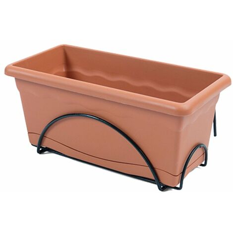 Pflanzgefäß mit integriertem Untersetzer 60x24cm + Metallständer. Farbe terracotta.