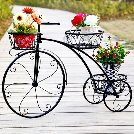 Pflanzregal Blumenregal Metall Fahrrad Design Schwarz Blumenständer mit 3 Ablagen für Balkon Flur Garten